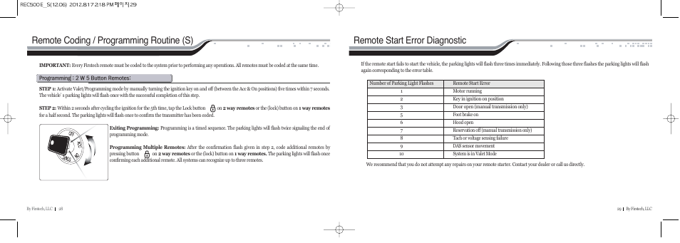 Remote coding / programming routine (s), Remote start error diagnostic | CompuSTAR RF-P2W902-SP (Remote 2W902R-SP) User Manual | Page 15 / 18