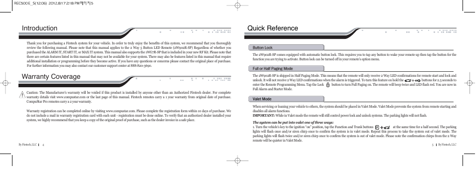 Introduction, Warranty coverage, Quick reference | CompuSTAR RF-P2W902-SP (Remote 2W902R-SP) User Manual | Page 3 / 18