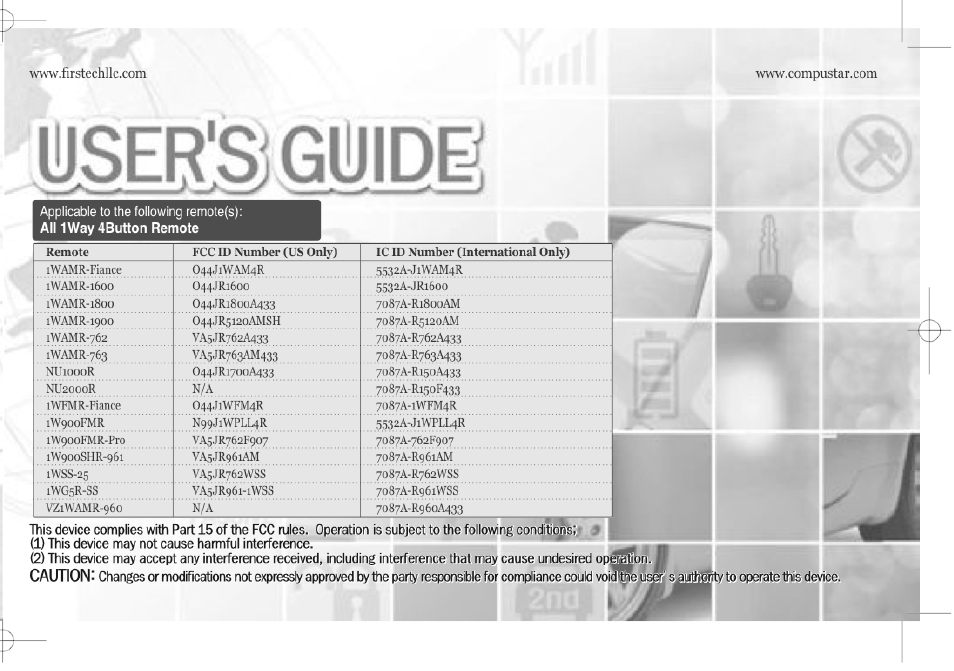 CompuSTAR RF-1WG2-AM (Remote 1WG2R-AM) User Manual | 8 pages