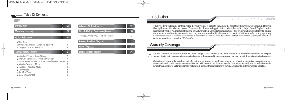 Introduction, Warranty coverage, T @o@c | CompuSTAR RF-1WG2-AM (Remote 1WG2R-AM) User Manual | Page 2 / 8