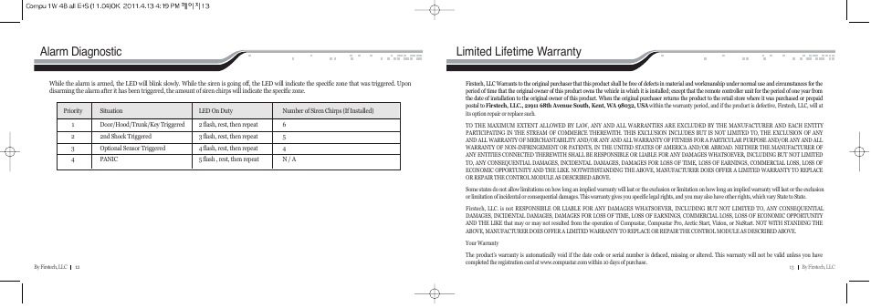 Limited lifetime warranty, Alarm diagnostic | CompuSTAR RF-1WG2-AM (Remote 1WG2R-AM) User Manual | Page 7 / 8