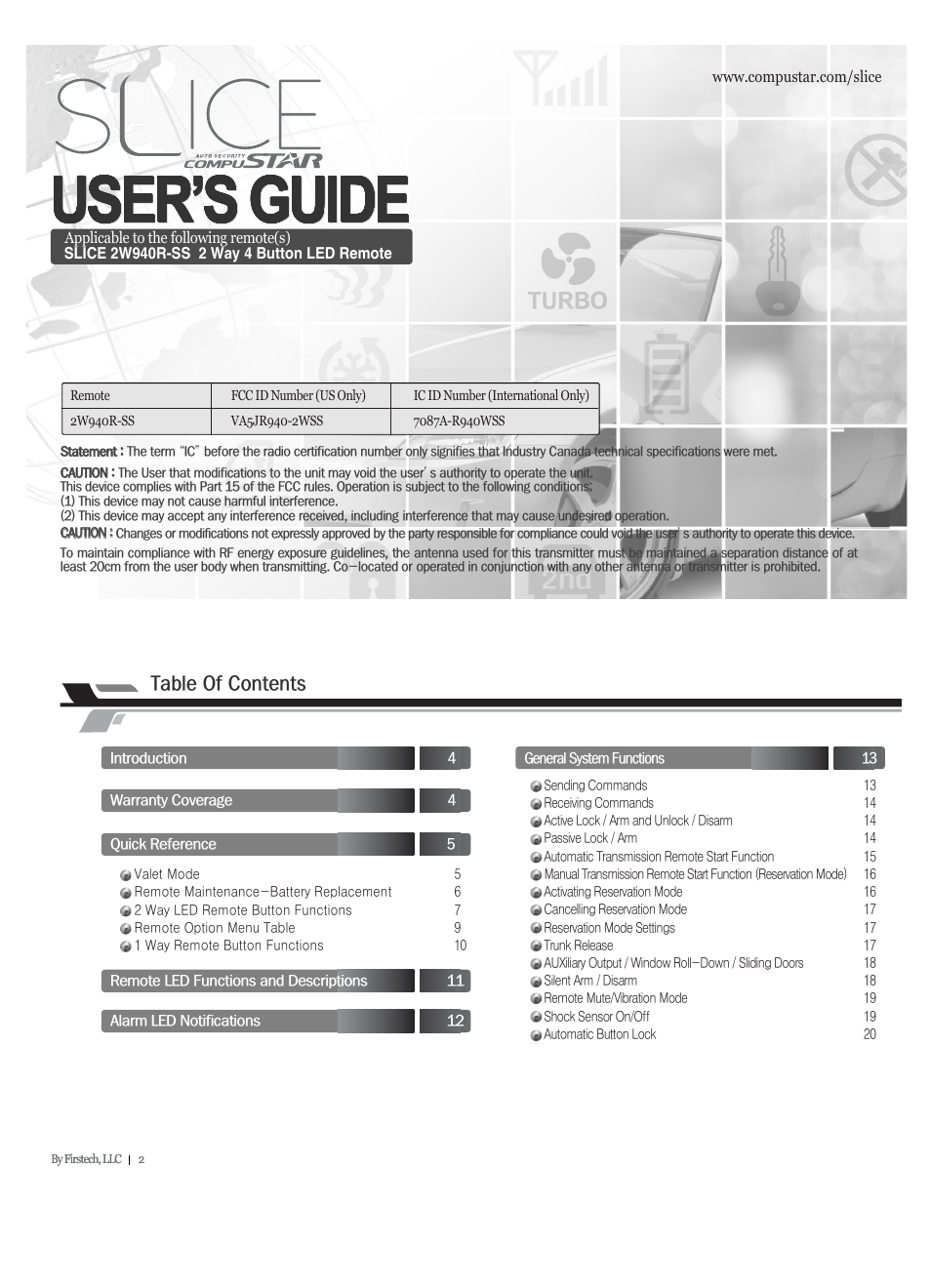 CompuSTAR RF-2W940-SS (Remote 2W940R-SS) User Manual | 17 pages