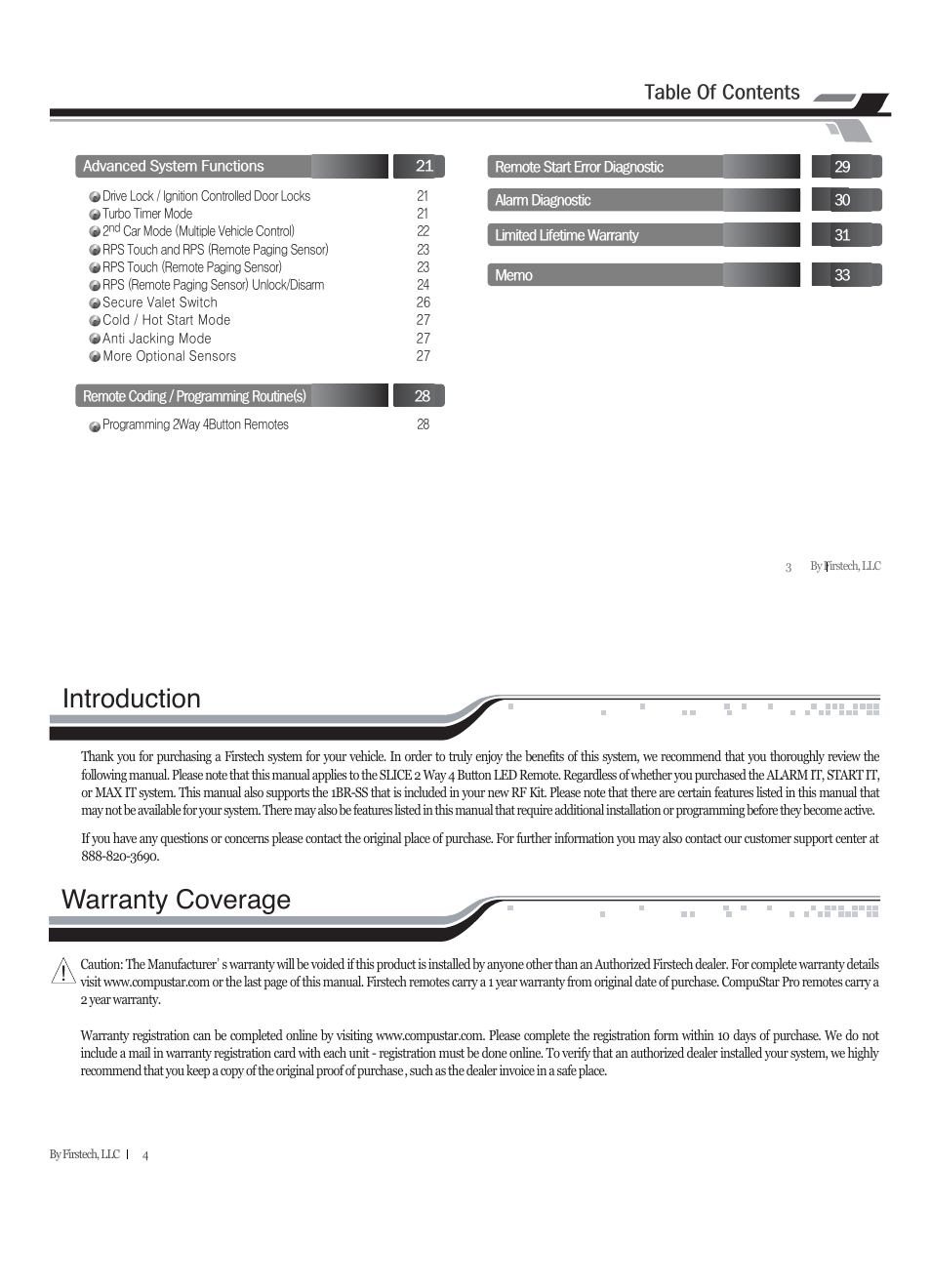 Introduction, Warranty coverage, T @o@c | CompuSTAR RF-2W940-SS (Remote 2W940R-SS) User Manual | Page 2 / 17