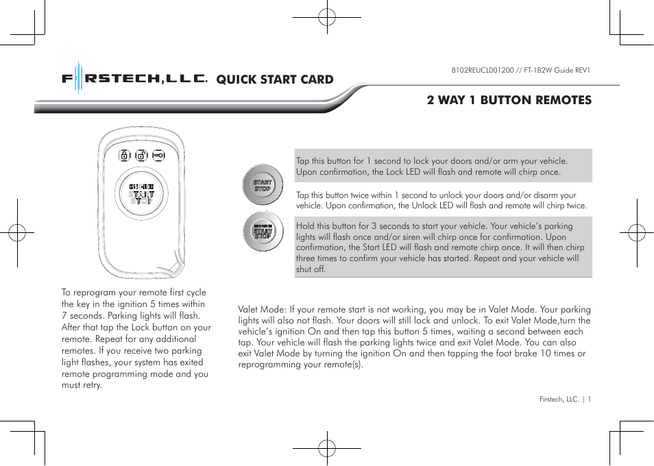 CompuSTAR RF-2W1B-SP (Remote 2W1BR-SP) User Manual | 2 pages