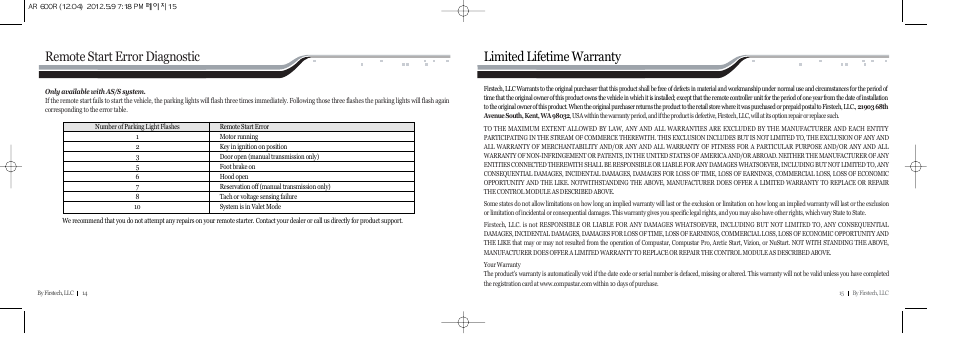 Limited lifetime warranty, Remote start error diagnostic | CompuSTAR CS600-A (Remote 600R) User Manual | Page 8 / 8