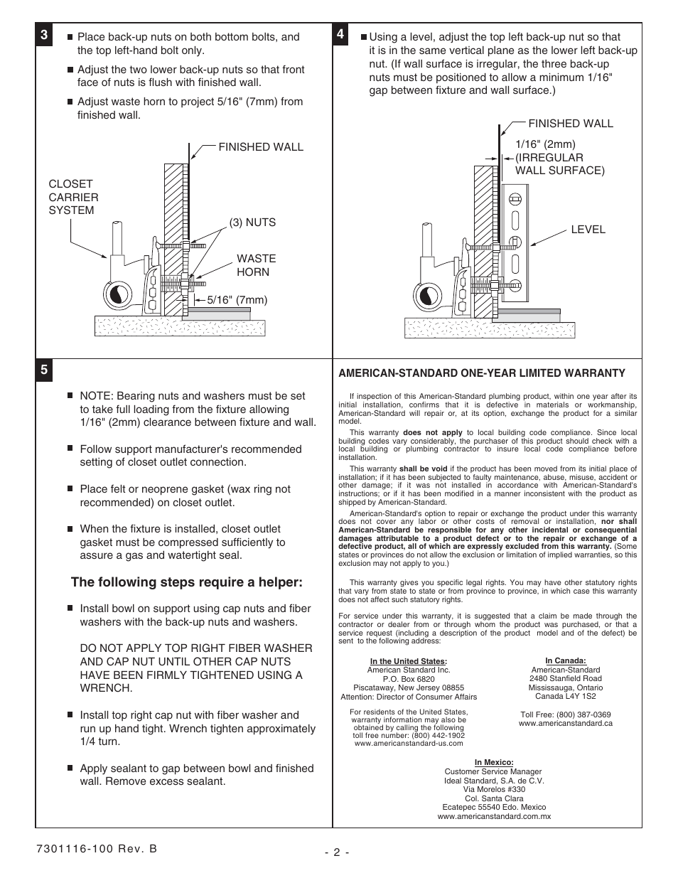 The following steps require a helper | American Standard 3355 User Manual | Page 2 / 2