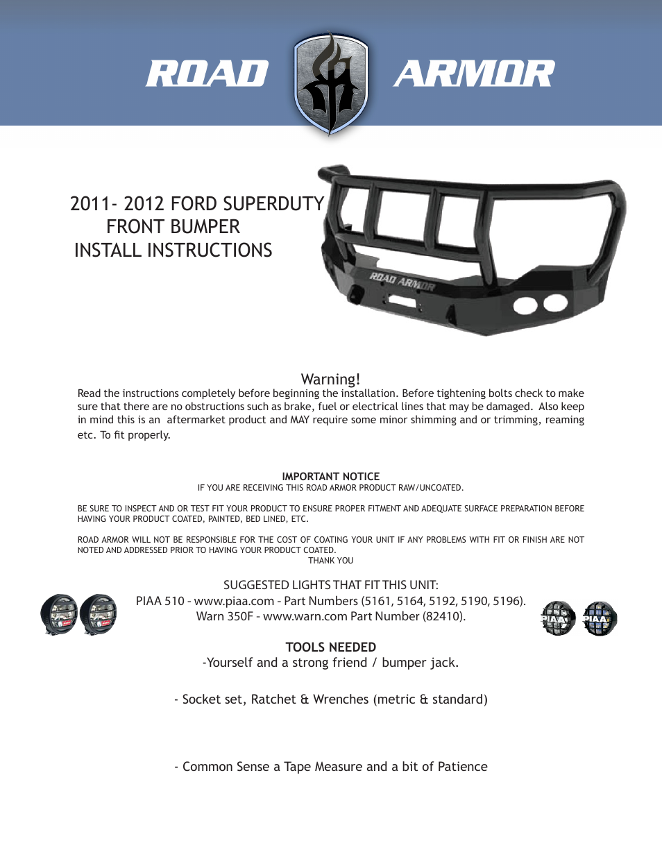 Road Armor 2011-2012 Ford Super Duty Front Bumper User Manual | 5 pages