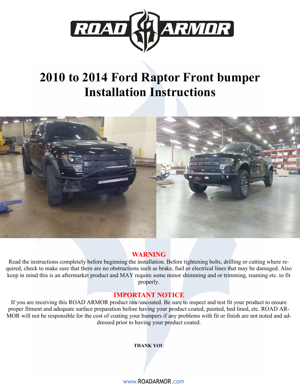 Road Armor 2010-2014 Ford Raptor Front Bumper User Manual | 5 pages