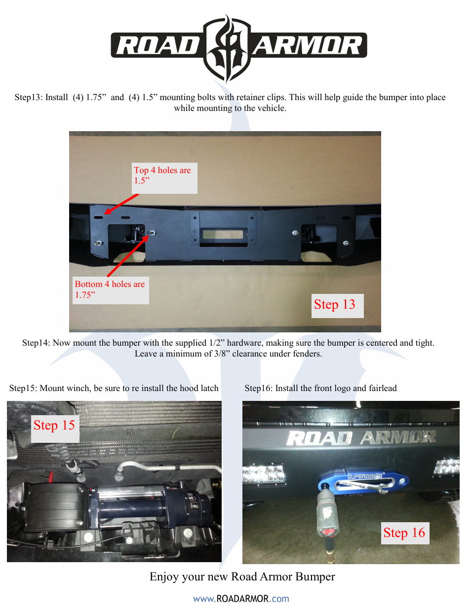 Step 15, Step 16, Step 13 | Road Armor 2010-2014 Ford Raptor Front Bumper User Manual | Page 5 / 5