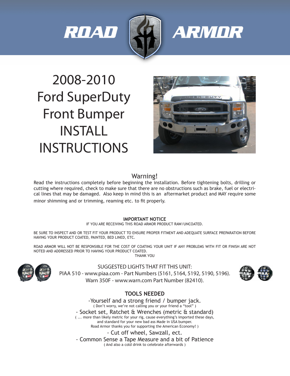 Road Armor 2008-2010 Ford Super Duty Front Bumper User Manual | 3 pages