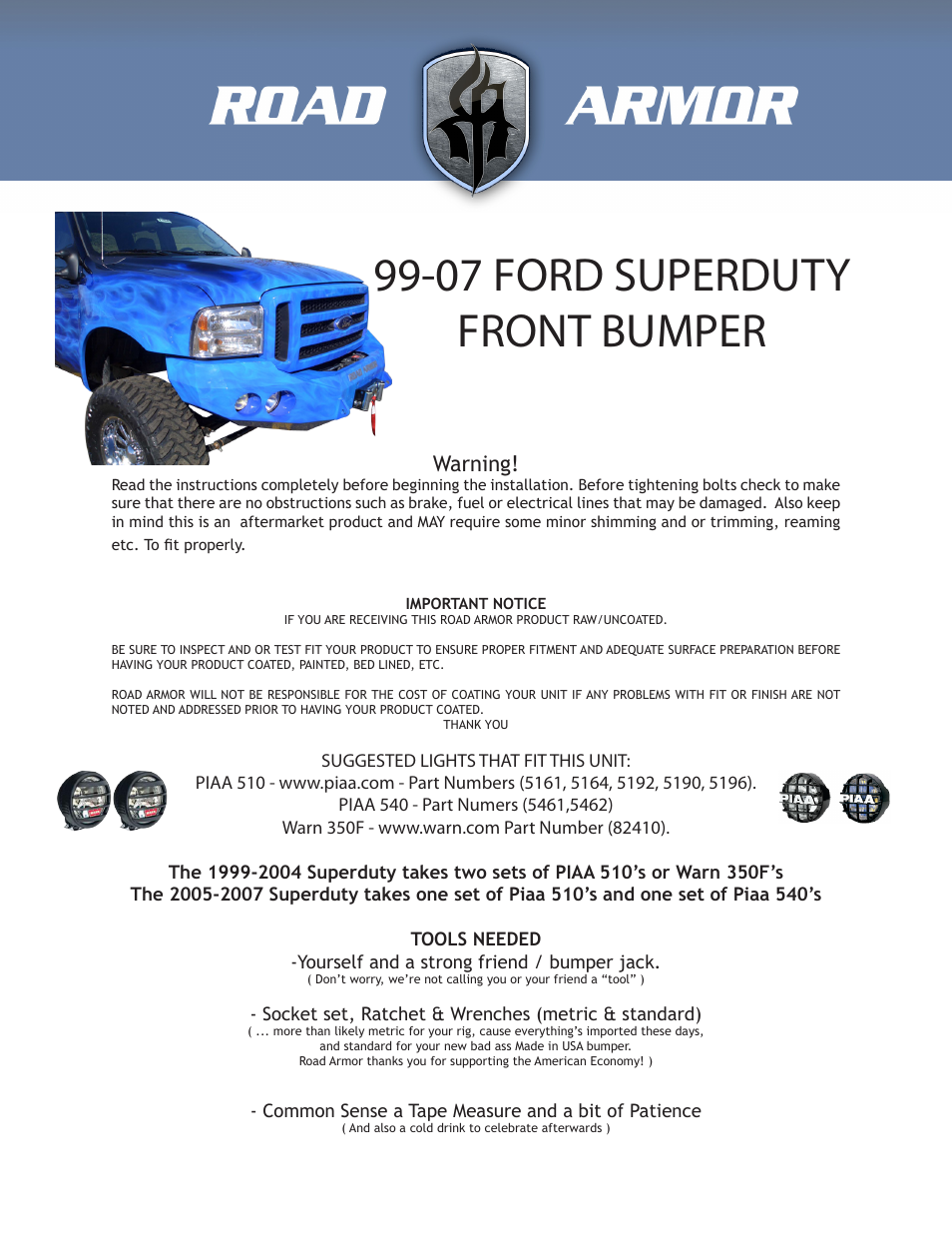 Road Armor 1999-2007 Ford Super Duty Front Bumper User Manual | 3 pages