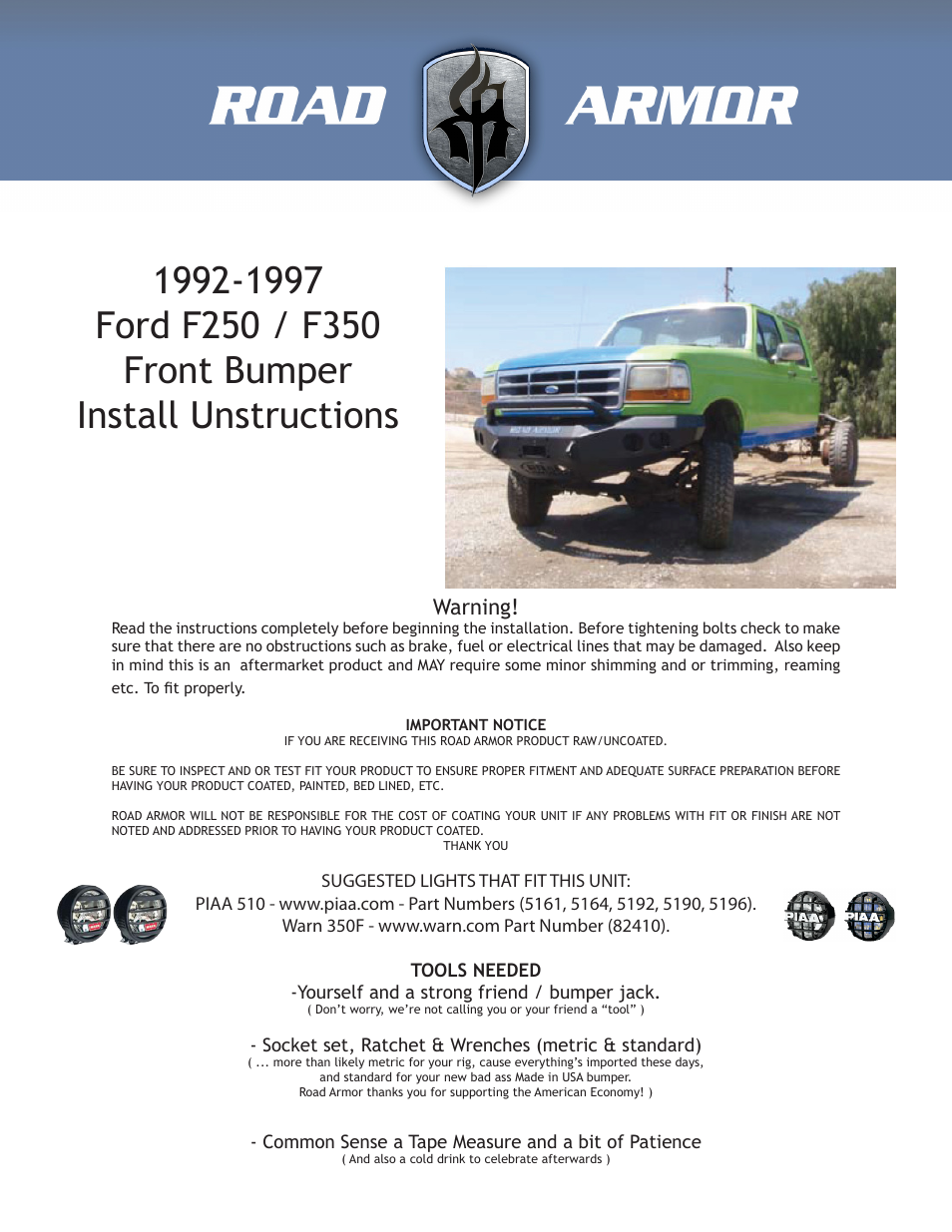 Road Armor 1992-1997 Ford F-250,F-350 Front Bumper User Manual | 3 pages