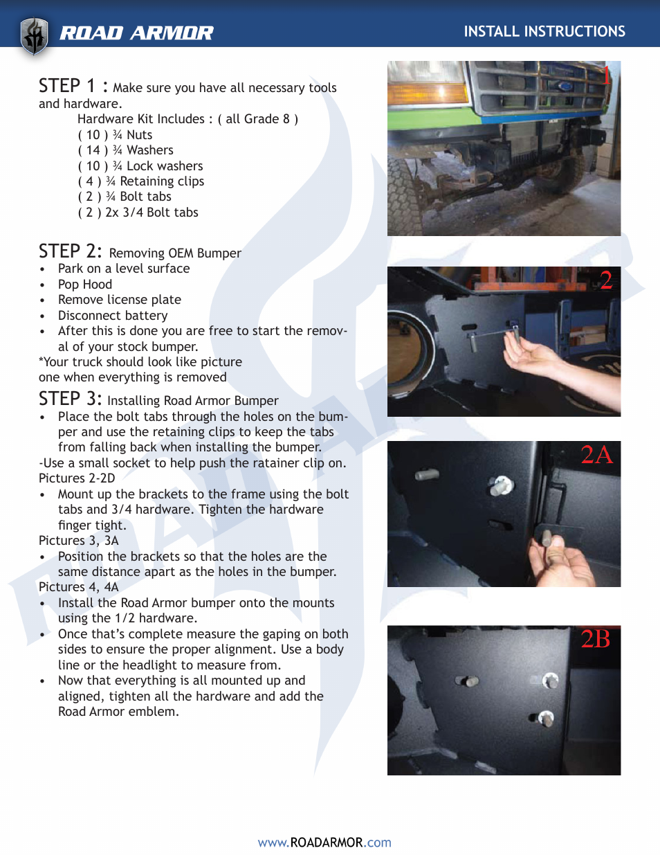 Step 1, Step 2, Step 3 | Road Armor 1992-1997 Ford F-250,F-350 Front Bumper User Manual | Page 2 / 3
