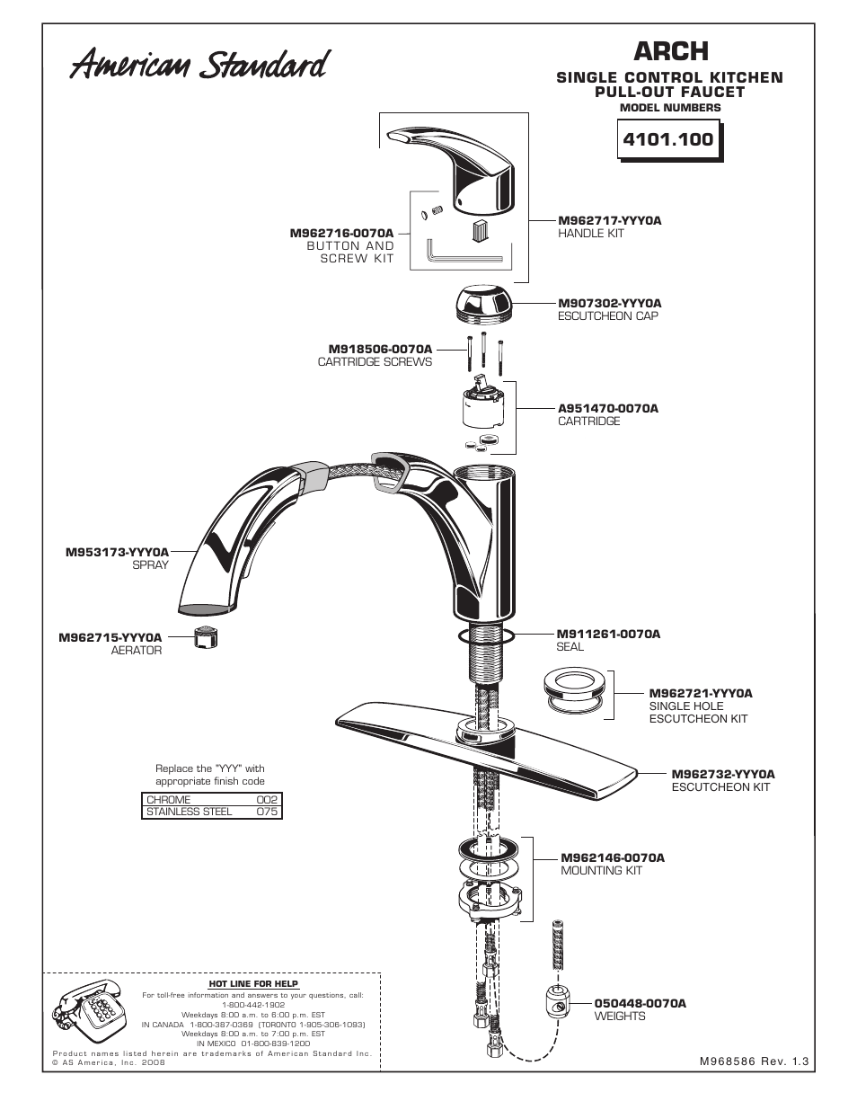 Arch, Single control kitchen pull-out faucet | American Standard ARCH M968586 User Manual | Page 4 / 4