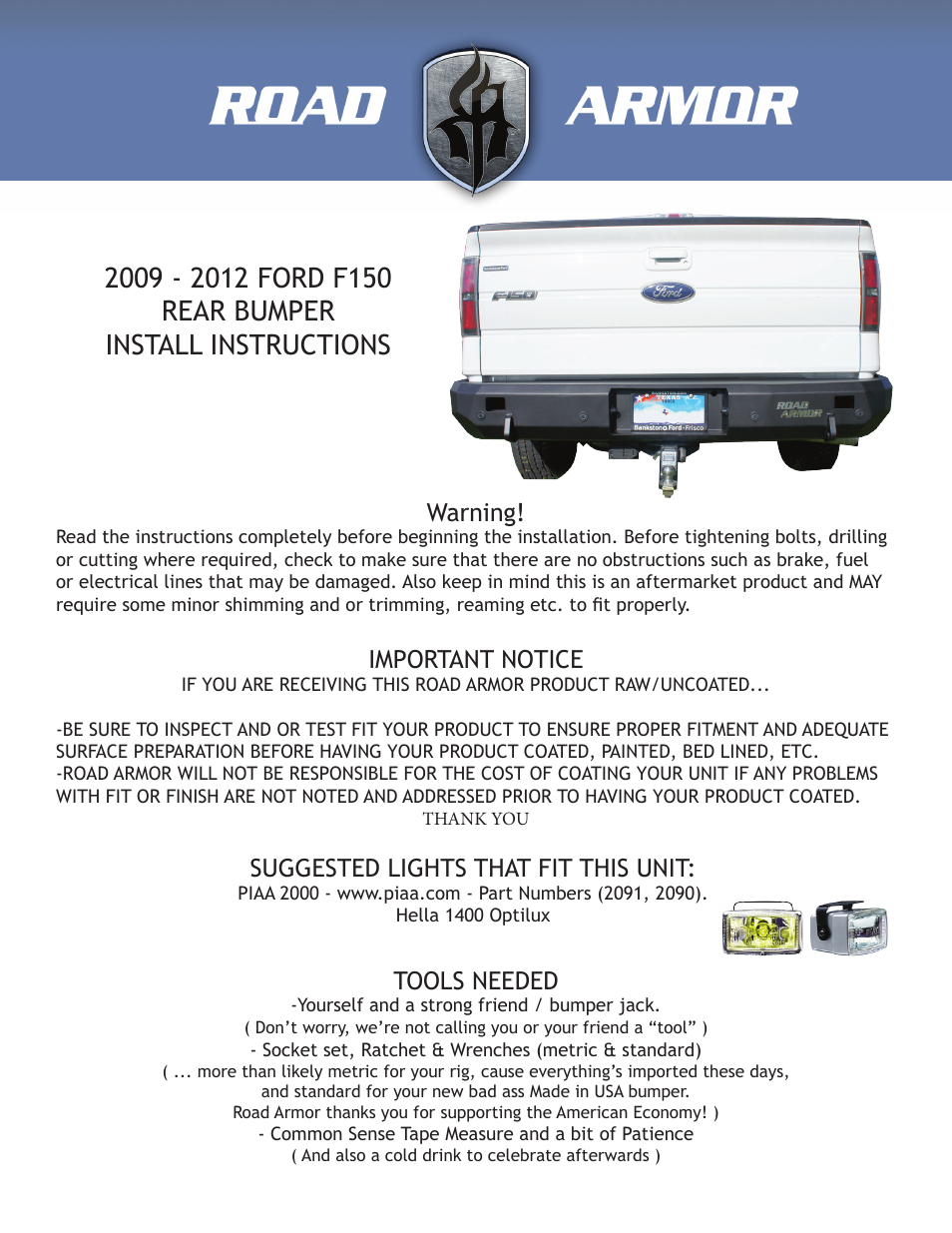 Road Armor 2009-2012 Ford F-150 Rear Bumper User Manual | 4 pages