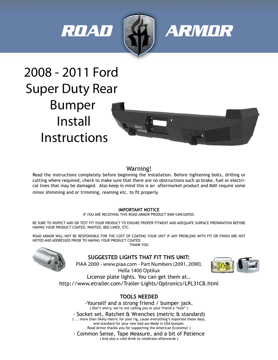 Road Armor 2008-2011 Ford Super Duty Rear Bumper User Manual | 4 pages