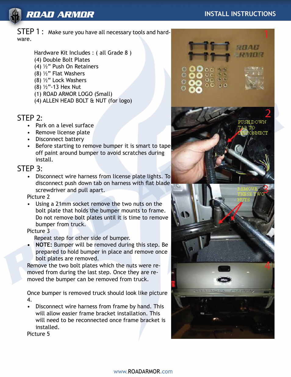Step 3, Step 1, Step 2 | Road Armor 2008-2011 Ford Super Duty Rear Bumper User Manual | Page 2 / 4