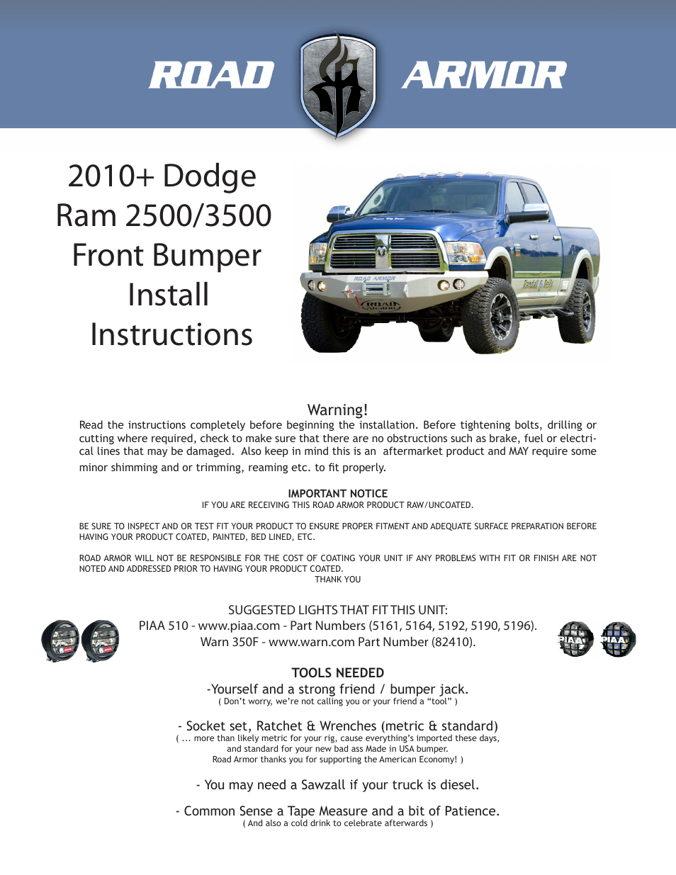 Road Armor 2010+ Dodge 2500,3500 Front Bumper User Manual | 6 pages