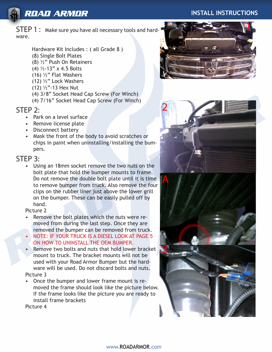 13 2 a, Step 1, Step 2 | Step 3 | Road Armor 2010+ Dodge 2500,3500 Front Bumper User Manual | Page 2 / 6