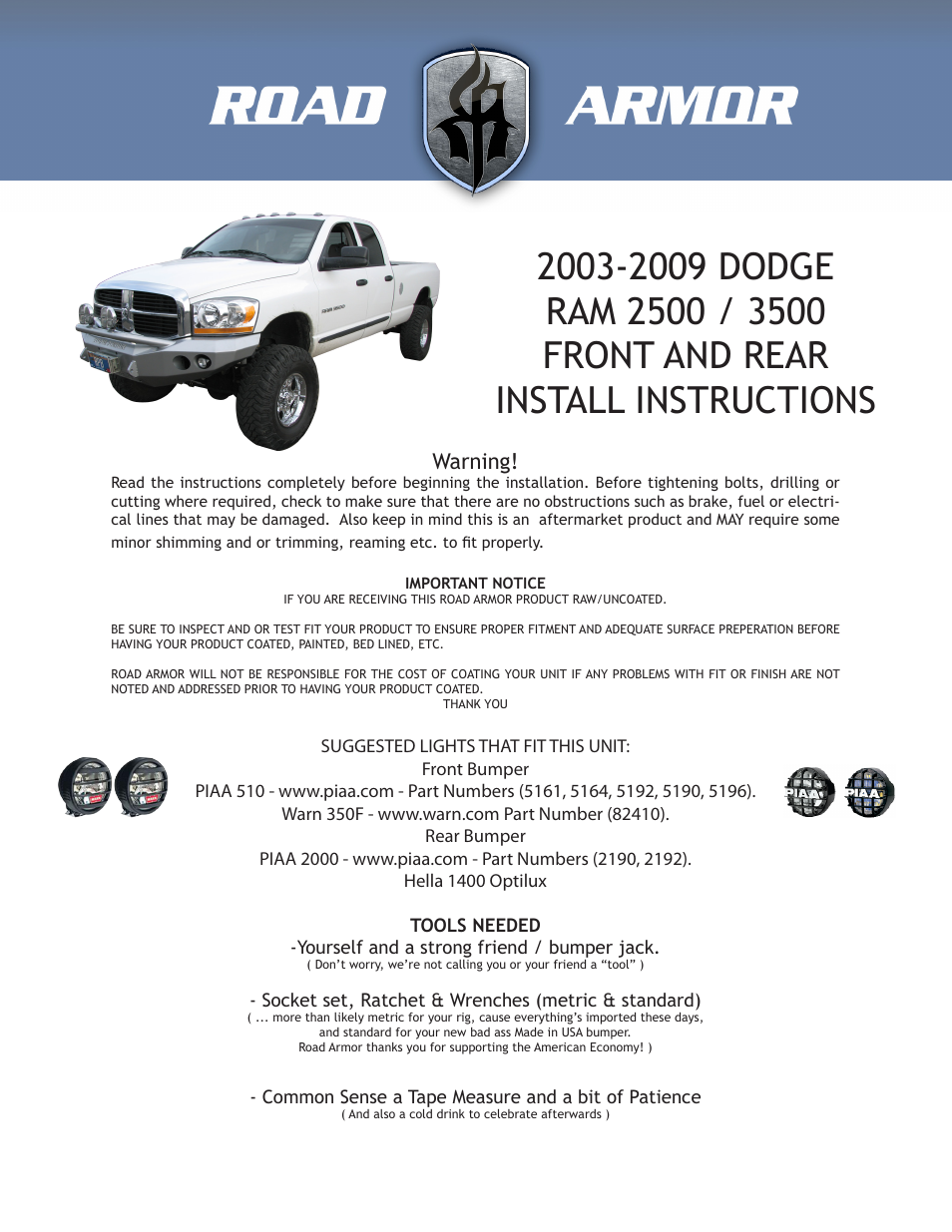Road Armor 2003-2009 Dodge 2500,3500 Rear Bumper User Manual | 4 pages