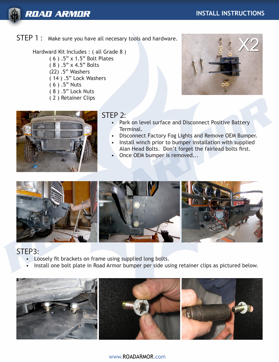 Step 1, Step 2, Step3 | Road Armor 2003-2009 Dodge 2500,3500 Rear Bumper User Manual | Page 2 / 4