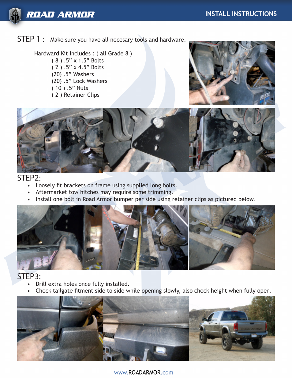 Step 1, Step2, Step3 | Road Armor 2003-2009 Dodge 2500,3500 Rear Bumper User Manual | Page 4 / 4