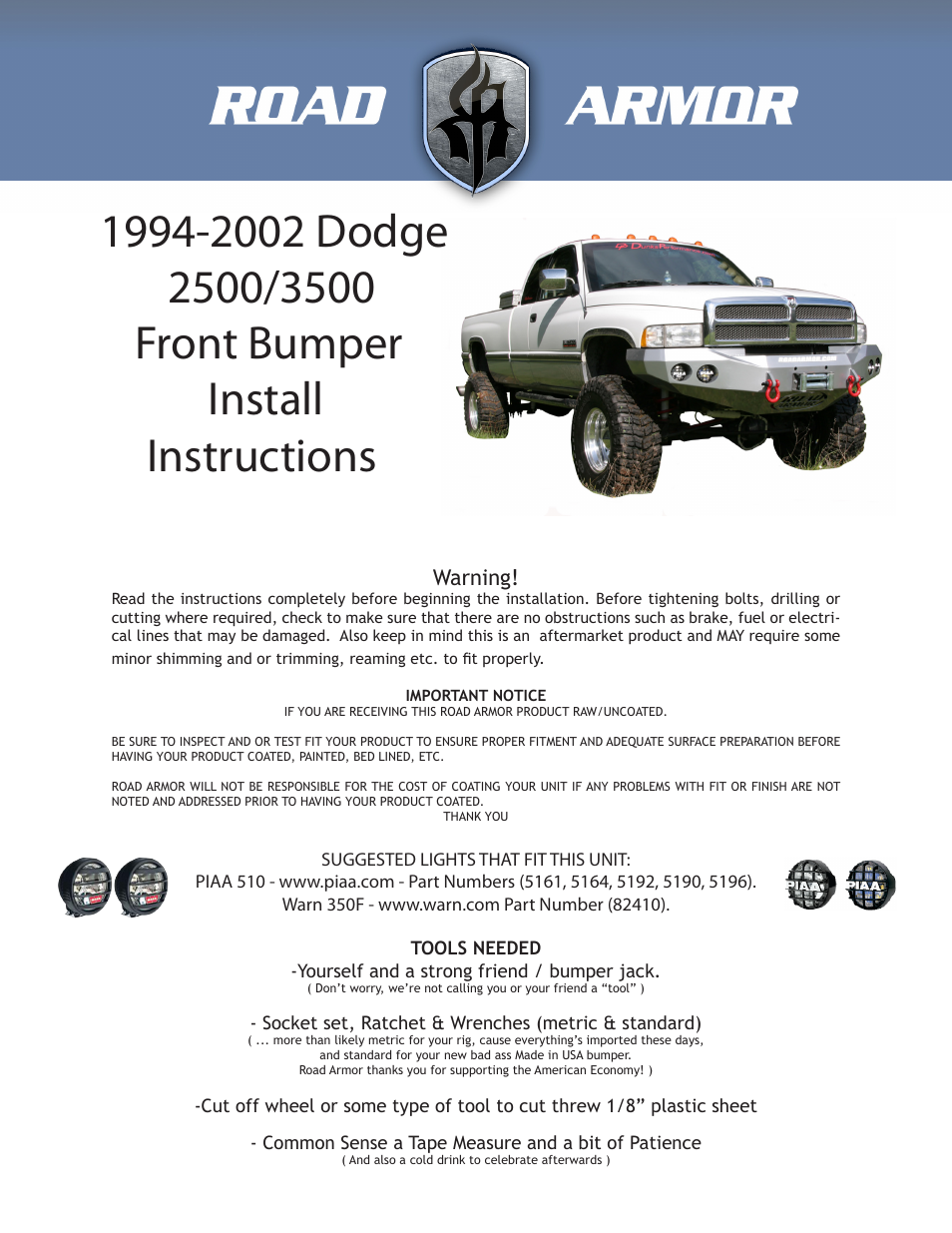 Road Armor 1994-2002 Dodge 2500,3500 Front Bumper User Manual | 4 pages