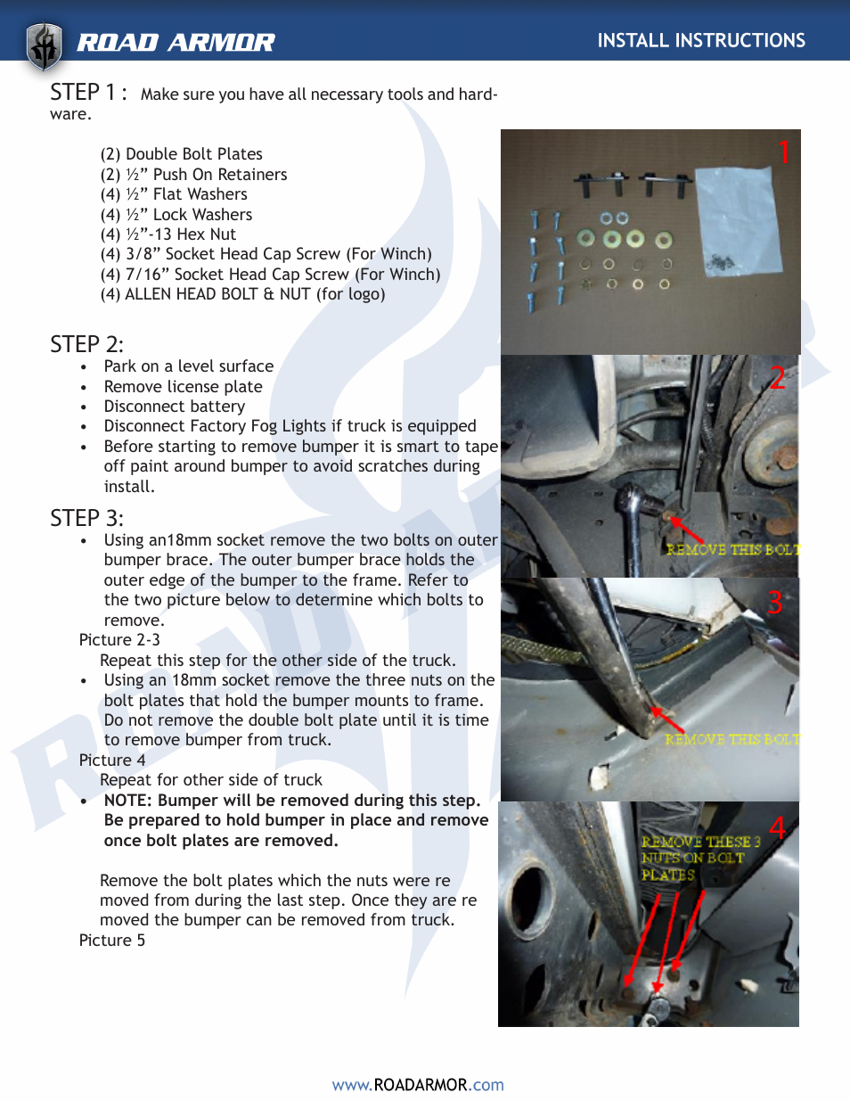 Step 1, Step 2, Step 3 | Road Armor 1994-2002 Dodge 2500,3500 Front Bumper User Manual | Page 2 / 4