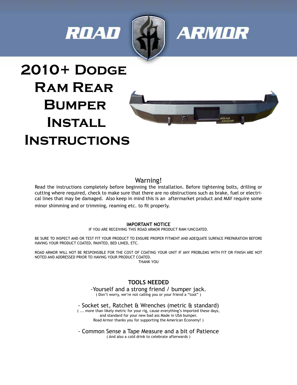 Road Armor 2010+ Dodge 2500,3500 Rear Bumper User Manual | 4 pages