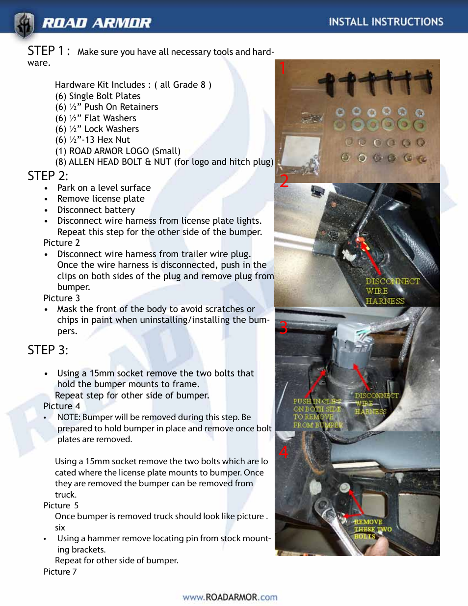 Step 1, Step 2, Step 3 | Road Armor 2010+ Dodge 2500,3500 Rear Bumper User Manual | Page 2 / 4
