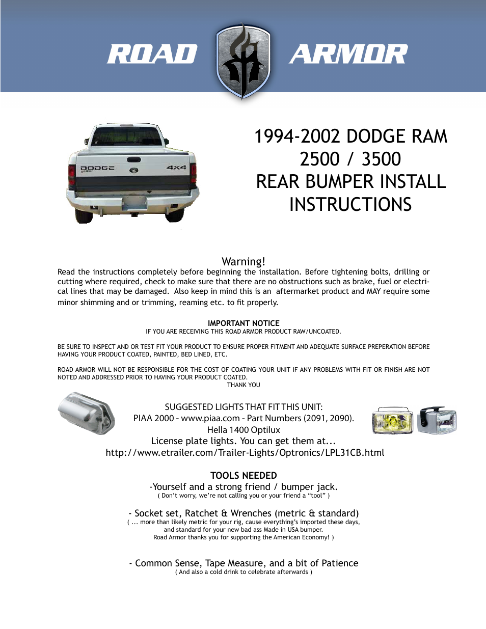 Road Armor 1994-2002 Dodge 2500,3500 Rear Bumper User Manual | 4 pages