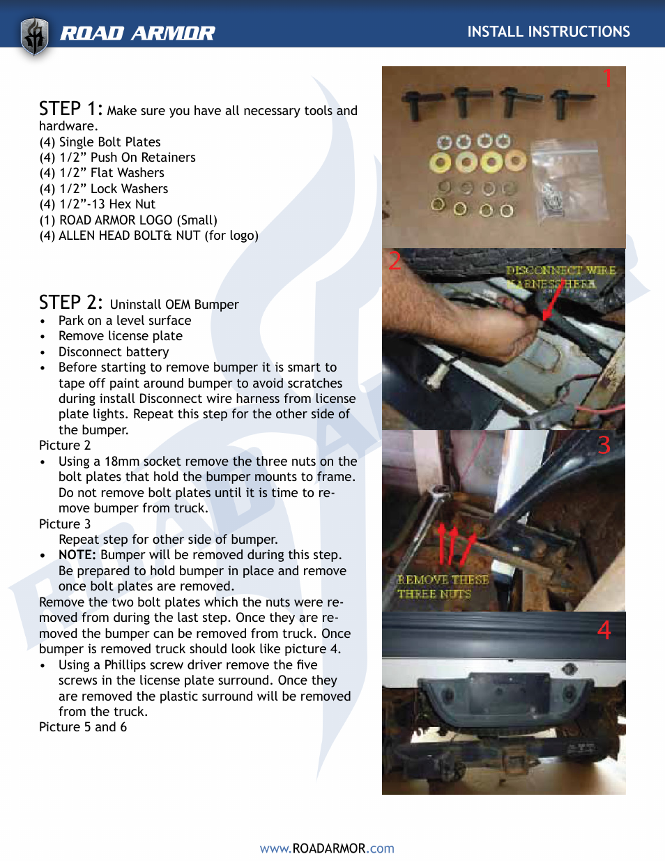 Step 1, Step 2 | Road Armor 1994-2002 Dodge 2500,3500 Rear Bumper User Manual | Page 2 / 4