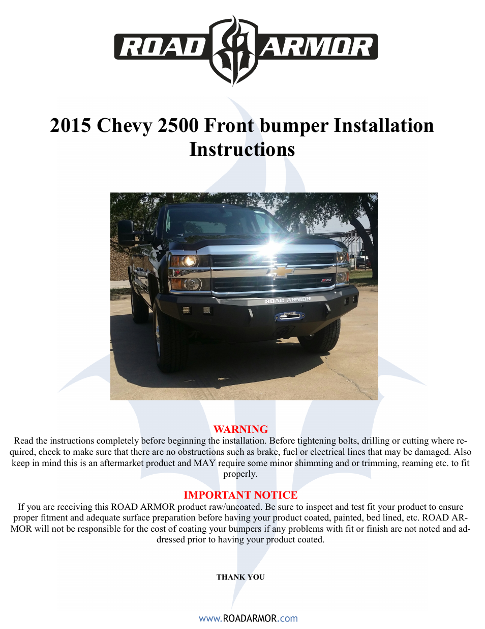 Road Armor 2015 Chevy 2500 Front Bumper User Manual | 4 pages