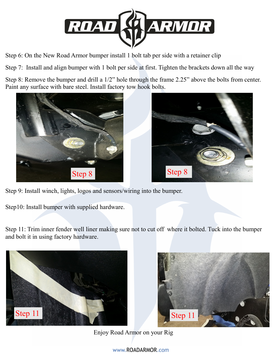 Step 8, Step 11 | Road Armor 2015 Chevy 2500 Front Bumper User Manual | Page 4 / 4