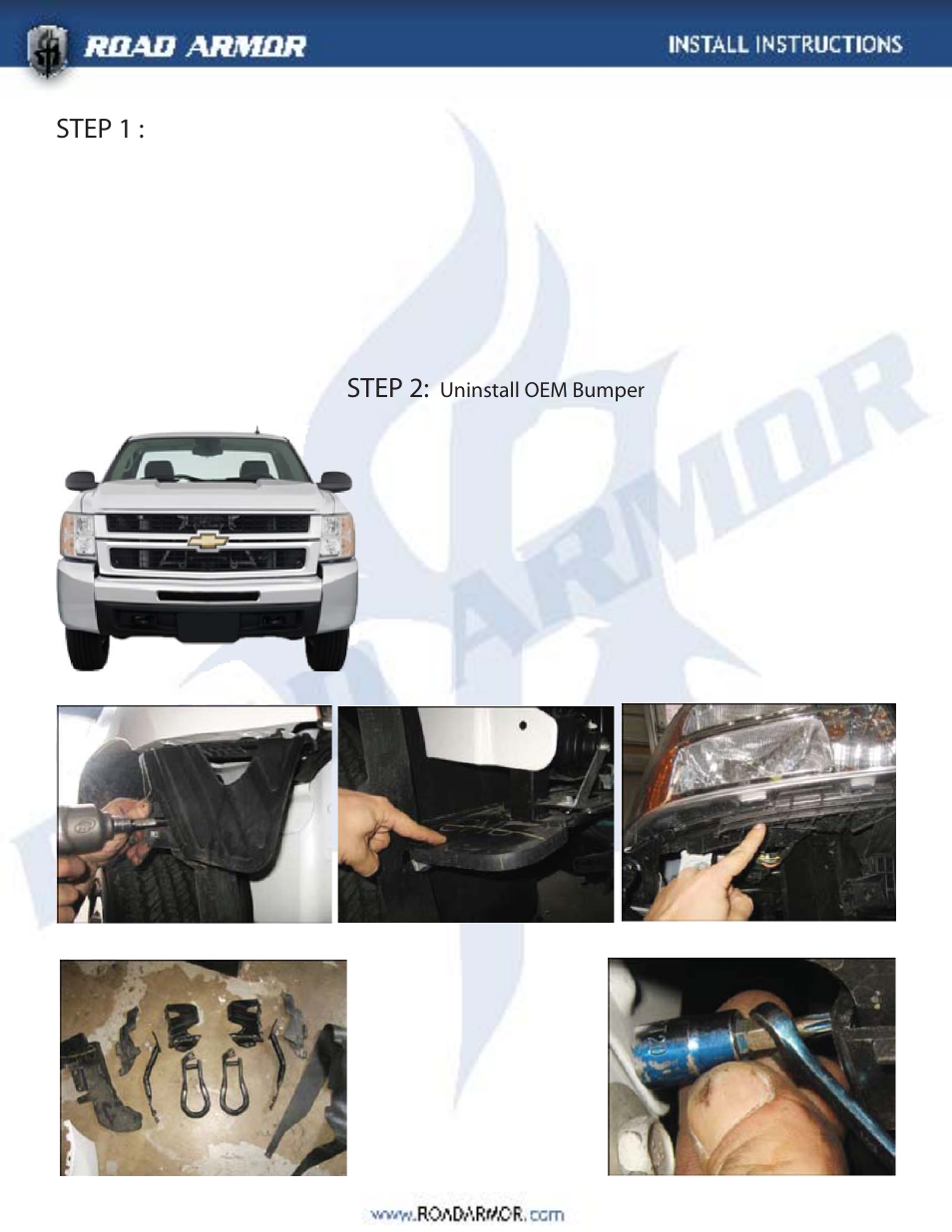 Step 1, Step 2 | Road Armor 2008-2012 Chevy 1500,2500,3500 Front Bumper User Manual | Page 2 / 4