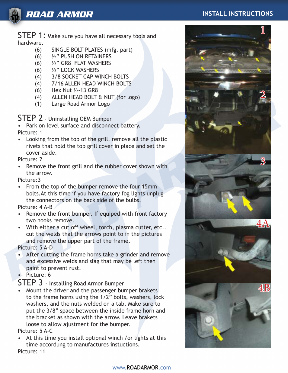 Step 2, Step 3, Step 1 | Road Armor 2003-2007 Chevy 2500,3500 Front Bumper User Manual | Page 2 / 4