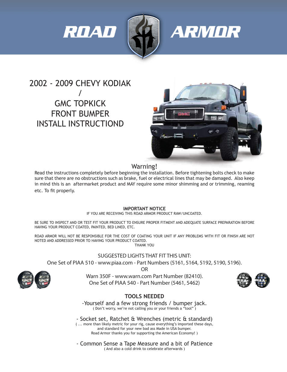 Road Armor 2002-2009 GMC Topkick Front Bumper User Manual | 2 pages