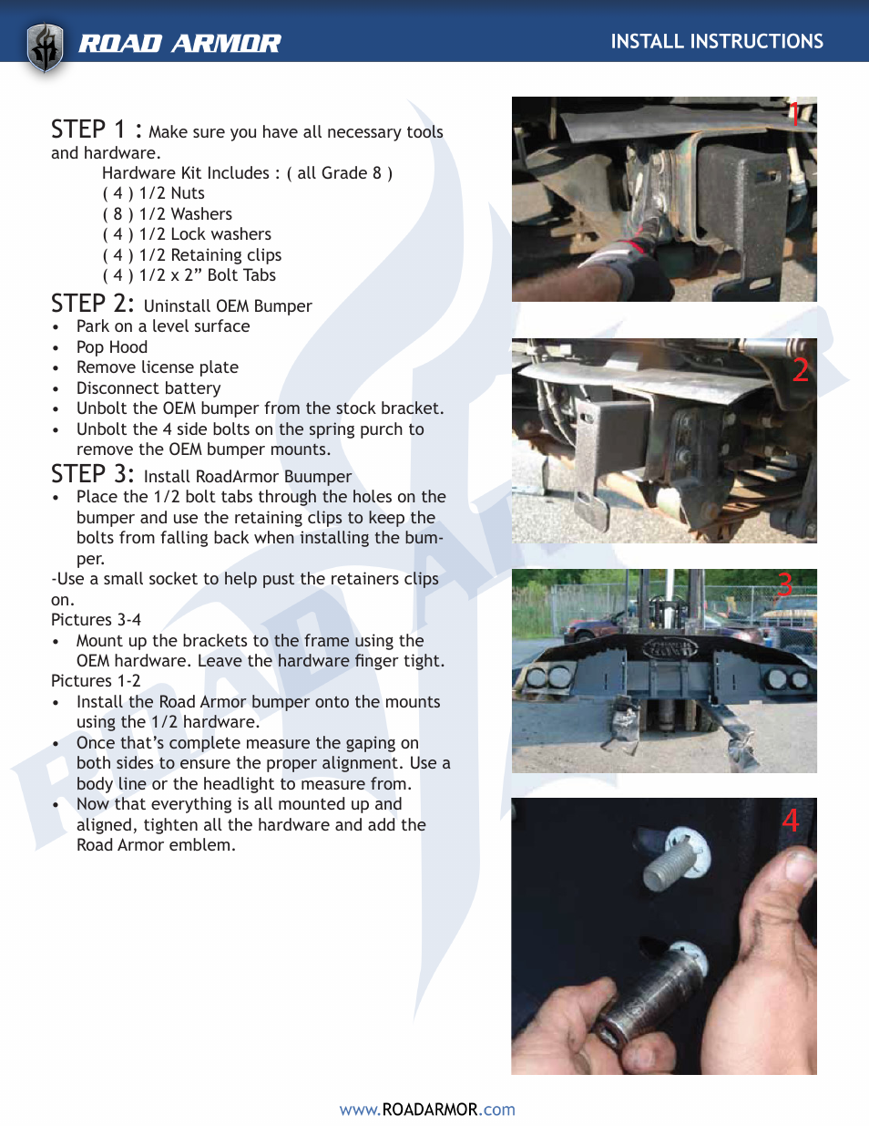 Step 1, Step 2, Step 3 | Road Armor 2002-2009 GMC Topkick Front Bumper User Manual | Page 2 / 2