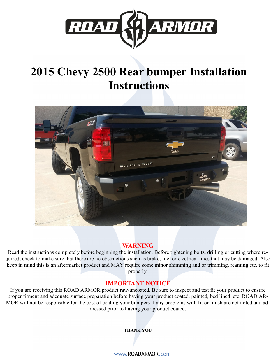 Road Armor 2015 Chevy 2500 Rear Bumper User Manual | 3 pages