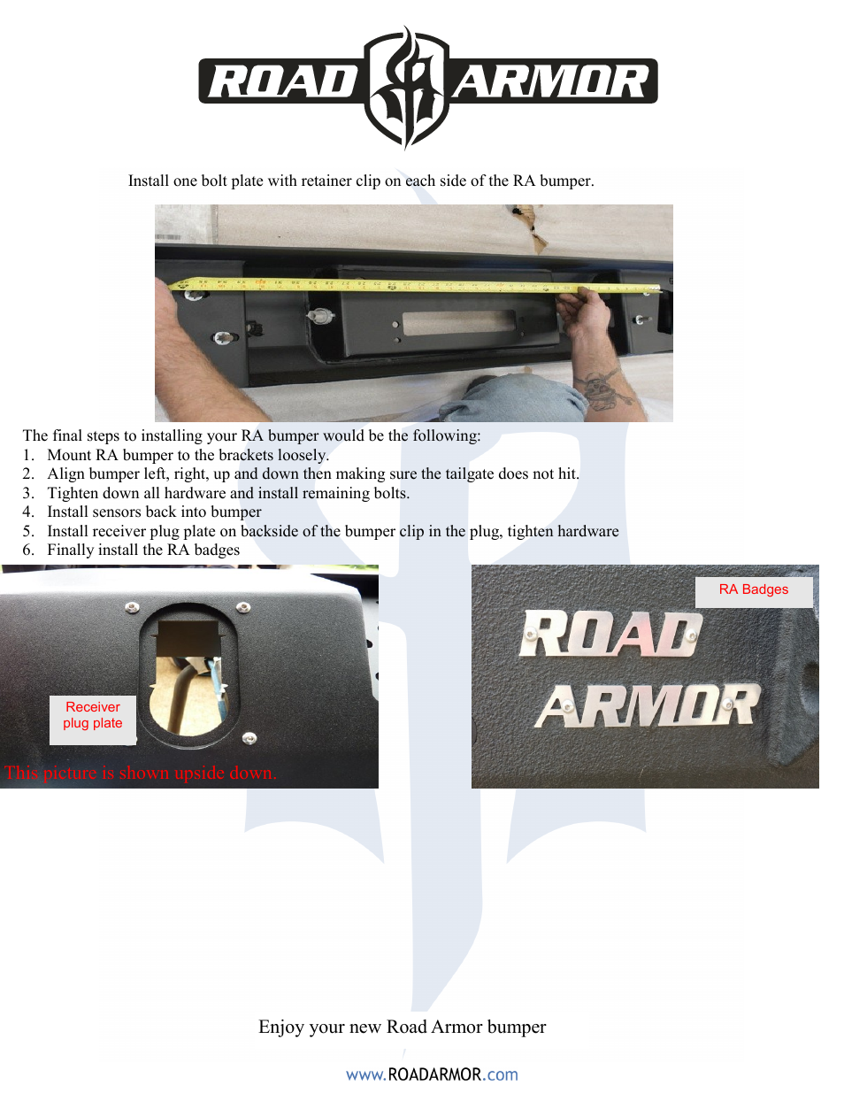 This picture is shown upside down, Enjoy your new road armor bumper | Road Armor 2015 Chevy 2500 Rear Bumper User Manual | Page 3 / 3