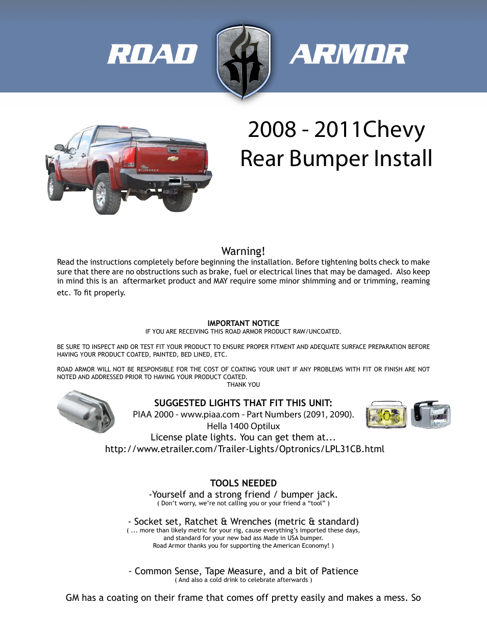 Road Armor 2008-2011 Chevy Rear Bumper User Manual | 5 pages