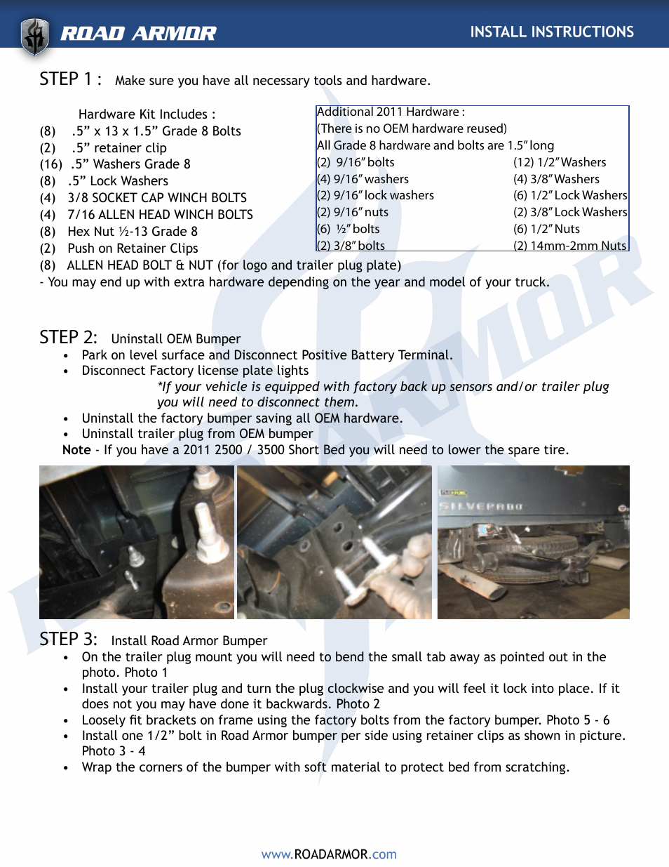 Step 3, Step 2, Step 1 | Road Armor 2008-2011 Chevy Rear Bumper User Manual | Page 2 / 5