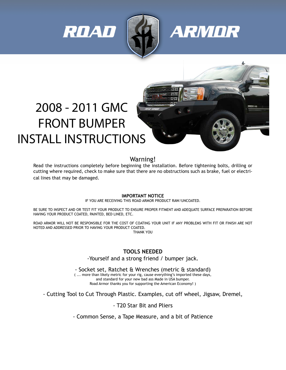 Road Armor 2008-2011 GMC Front Bumper User Manual | 5 pages