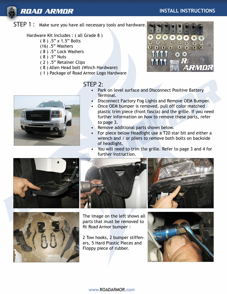 Step 1, Step 2 | Road Armor 2008-2011 GMC Front Bumper User Manual | Page 2 / 5
