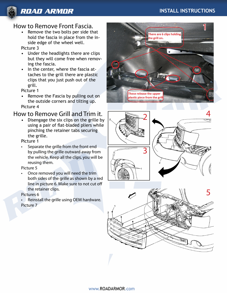 How to remove front fascia, How to remove grill and trim it | Road Armor 2008-2011 GMC Front Bumper User Manual | Page 4 / 5