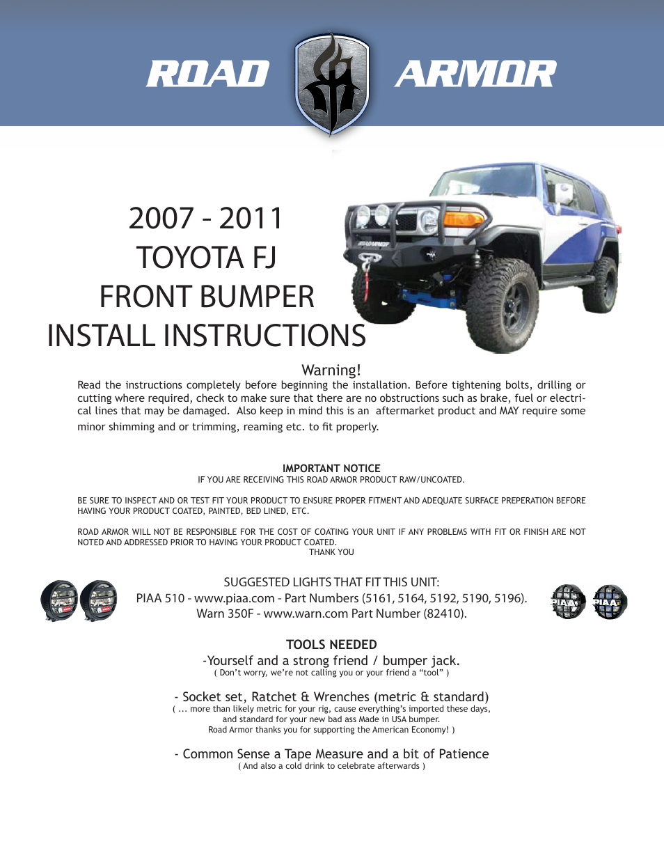 Road Armor 2007-2011 Toyota FJ Front Bumper User Manual | 3 pages