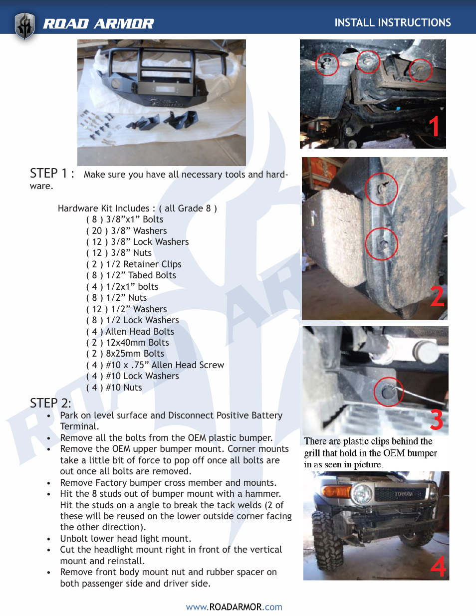 Step 1, Step 2 | Road Armor 2007-2011 Toyota FJ Front Bumper User Manual | Page 2 / 3