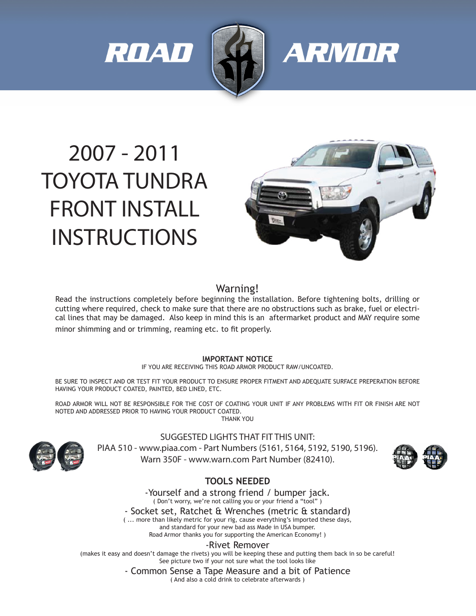 Road Armor 2007-2011 Toyota Tundra Front Bumper User Manual | 4 pages