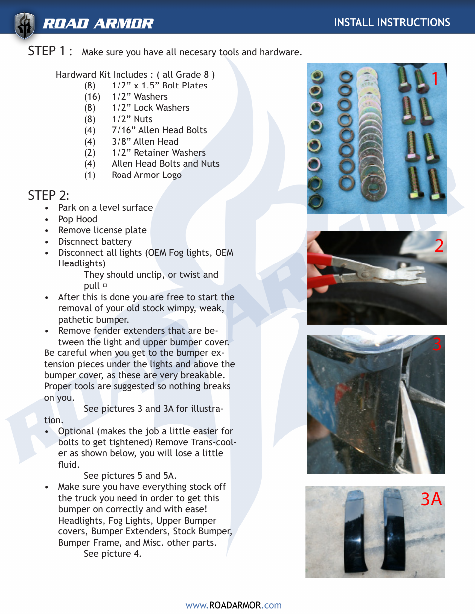 12 3 3a, Step 1, Step 2 | Road Armor 2007-2011 Toyota Tundra Front Bumper User Manual | Page 2 / 4