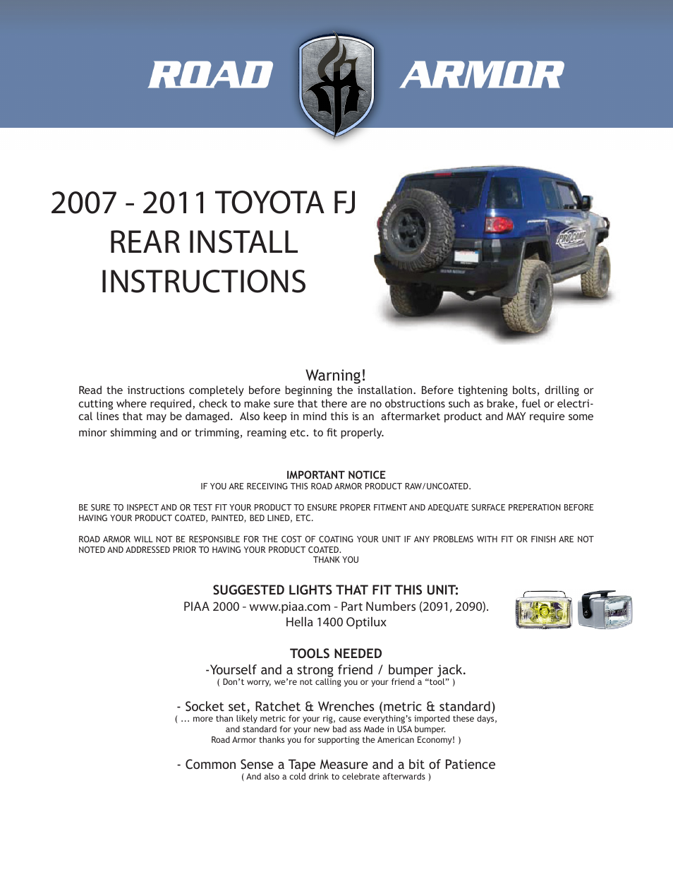 Road Armor 2007-2011 Toyota FJ Rear Bumper User Manual | 3 pages